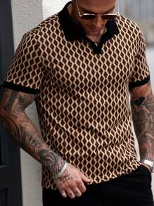 Manfinity CasualCool Men's Casual Fashionable Geometric Jacquard Fabric Polo Shirt, Minimalist & Fashion, Suitable For Daily Wear,For Husband, Old Money Style - Multicolor - View 3