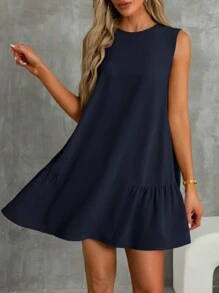 SHEIN Essnce 波西米亚风连衣裙淡蓝色连衣裙亚麻女式条纹圆领无袖休闲迷你连衣裙，太阳裙 - 藏蓝色 - 查看 3
