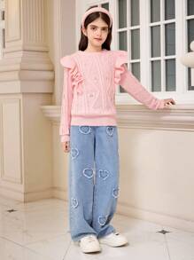 SHEIN Tweens 女童优雅粗线荷叶边圆领套头针织毛衣 - 粉色 - 查看 6