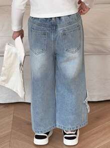 DAZY Young Girls Elastic Waist Pocket Five-Pointed Star Frayed Hem Casual Jeans - Light Wash - View 5