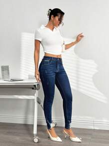 SHEIN Essnce 女士休闲破洞修身牛仔裤 - 藍色 - 查看 3