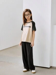 SHEIN Tween Girls' Casual Minimalist Daily Sports & Home Elastic Waist Solid Color Loose Fit Thermal Lined Wide Leg Pants For Autumn/Winter - Black - View 3