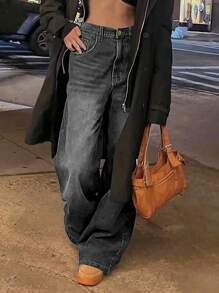 女士休闲洗水阔腿牛仔裤