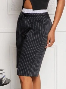 SHEIN SXY Casual Commuting Striped Contrast Color Bermuda Shorts - Black - View 6
