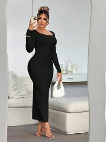 SHEIN SXY Tan Cable Knit Round Neck Long Sleeve Dress, Autumn/Winter - Black - View 5