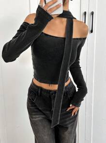 SHEIN EZwear Women's Off-Shoulder Distressed Acid-Washed T-Shirt With Scarf - Black - View 5