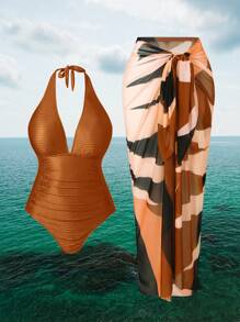 Swim Oasis 大码女式深 V 领吊带连体泳衣，带印花覆盖裙，休闲度假装夏季 - 黃色 - 查看 7