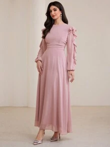 Graceveil Ruffled Hem Waist Cinching Long Dress For Women Modest Fall Cloth For Women - Pink - View 5