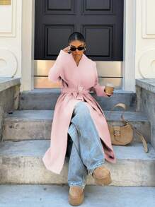 SHEIN Unity 大翻领浅灰色系带长款女士大衣 - 粉色 - 查看 3