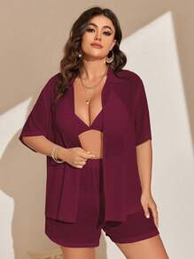 SHEIN Swim Curve 2 piezas Conjunto de tapa y pantalón corto de unicolor para mujer de talla grande, tapa de playa holgada y casual para el verano