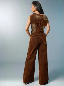 Denimoi Women's Asymmetrical Waist Pocket Wide Leg Loose Fashion Denim Jumpsuit - Brown - View 6