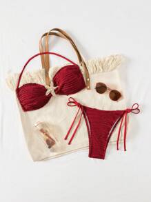 Glamine 2 piezas Conjunto de bikini sexy de mujer con textura de tela sólida y tirantes en forma de estrella de mar, trajes de baño y pantalones de natación, moda festival bohemia, para verano, vacaciones en la playa