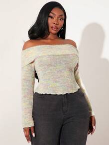 SHEIN SXY Blusa de manga larga ajustada con hombros descubiertos, de punto suave a rayas negras y blancas, con decoración de lentejuelas, apropiada para noches de citas, cumpleaños, despedidas de soltera y otros usos casuales y de salida, que realza la figura, en talla grande para mujeres, para primavera/verano