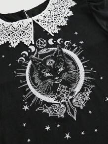 ROMWE Goth Gothic Dark Mystery Cat Embroidery Splice Lace Collar Bodycon T-Shirt