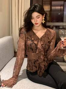 DAZY Frauen Bluse mit Spitze Patchwork Volants V-Ausschnitt, elegant, Langarm, für Frühling und Sommer - Braun - Übersicht 1