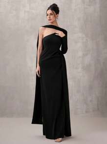SHEIN Belle Women's Solid Color Asymmetrical Neck Long Sleeve Maxi Elegant Evening Gown, Black Formal Dress, Wedding Guest Dress, Party Dress