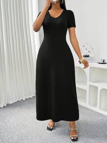 INAWLY Women Solid Color Deep V-Neck Dress With Slant Pockets For Summer - Black - View 5