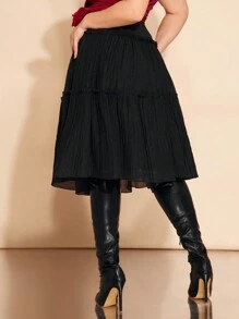 SHEIN BAE Plus Size Women's Black Pleated A-Line Skirt, Suitable For Date, Valentine's Day, Party, Fitted, Plain, Basic Women Clothes, Summer, Tight, Easter, Spring