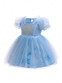 Glamorique Kids Baby Girl Dress,Snowflake Print Knit & Mesh Light Blue,Summer,Casual,Party,Prom Holiday Dress With Lace Trim & Puff Sleeves - Blue - View 3
