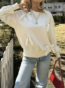 Chiquease Casual Bow Decor Drop Shoulder Sweatshirt, Autumn/Winter Pullover Fall Sweatshirt - Beige - View 6