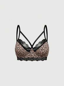 ROMWE Grunge Punk Women Leopard Print & Contrast Lace Underwire Bra, Casual For Vacation - Multicolor - View 1