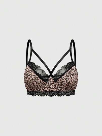 Grunge Punk Soutien-gorge à armatures avec imprimé léopard et dentelle contrastante pour femmes, décontracté pour les vacances