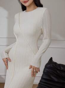 Modelyn Women's Elegant Solid Color Round Neck Long Sleeve Toothpick Striped Design Dress Long Evening Dresses