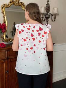 SHEIN Privé Bluzka z dekoltem w serek i falbanką w kształcie serca walentynkowego, z krótkim rękawem, elegancka, biurowa, damska, w kolorze czerwonym, świąteczny wzór miłosny