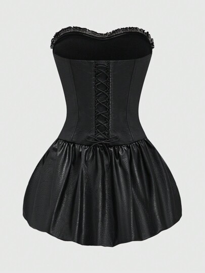 Grunge Punk Sexy Leopard Print Sequin Patchwork PU Leather Bustier Mini Dress