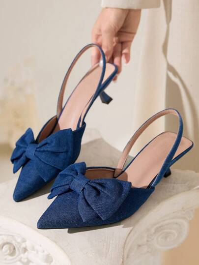 CUCCOO CHICEST Giày cao gót hở mũi đính nơ thanh lịch cho nữ, vải xanh, hợp thời trang khi hẹn hò, tiệc trà chiều, tiệc sinh nhật