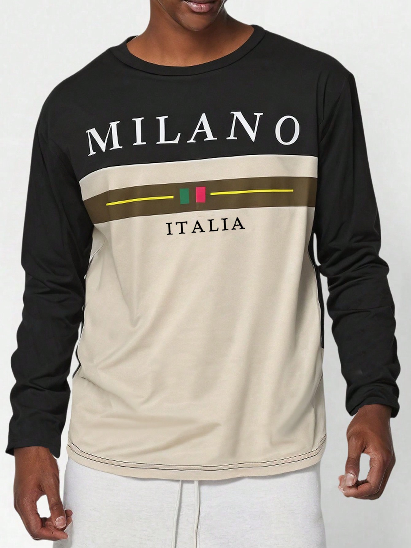 Manfinity Dauomo Men's Solid Color Patchwork Round Neck Long Sleeve Letter Print Simple Casual Sweatshirt