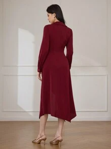 Modelyn Damen einfarbiges langärmliges elegantes Midi-Pendlerkleid mit Kragen - Rot - Übersicht 2