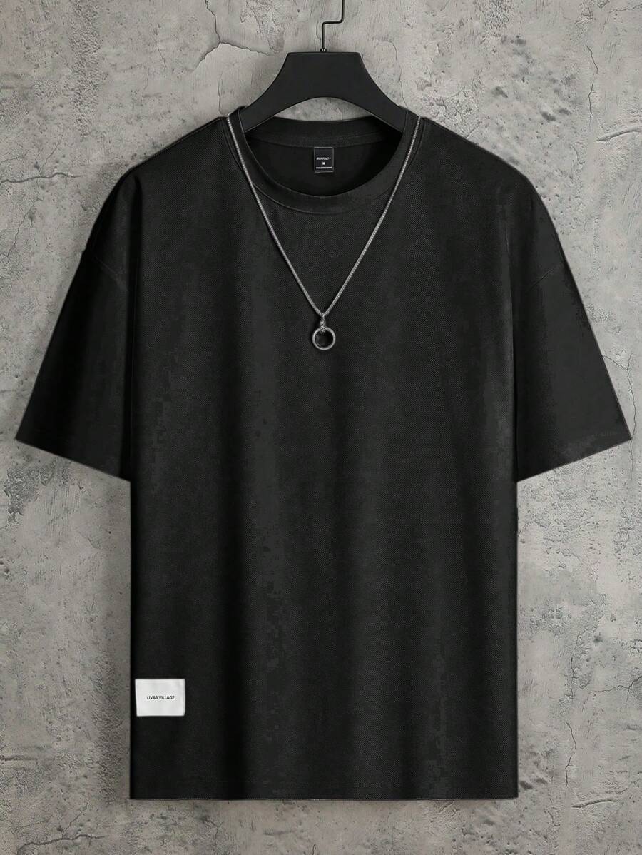 Manfinity Homme 男士字母印花圆领短袖休闲宽松 T 恤 - 黑色 - 查看 1