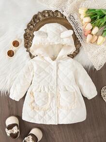 SHEIN Toddler Girls Lace Hooded Pocket Waist Windbreaker, Thick And Warm, Fashion Cute Unique Outdoor Jacket, Autumn/Winter