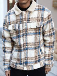 Manfinity Homme Men's Plaid Color Block Lapel Long Sleeve Single-Breasted Casual Jacket, Autumn/Winter - Multicolor - View 7