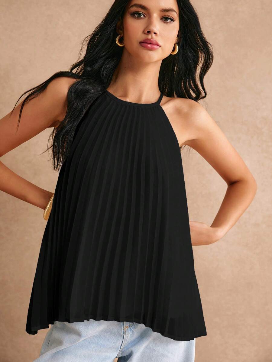 Poéselle Solid Pleated Halter Top - Black - View 1