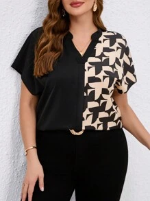 SHEIN Clasi Plus Size Summer Colorblock Print Patchwork Notched Neck Batwing Sleeve Blouse