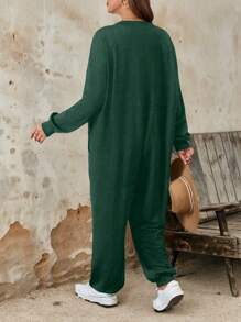 Women Casual Ribbed V-Neck Drop Shoulder Pocket Long Sleeve Plus Size Jumpsuit, Spring Autumn Loose