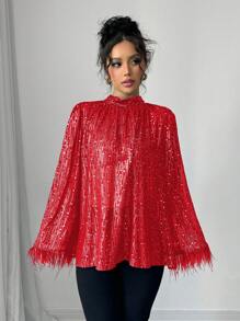 Elenzga 女式长袖闪亮立领系带羽毛拼布撞色亮片衬衫 - 紅色 - 查看 6