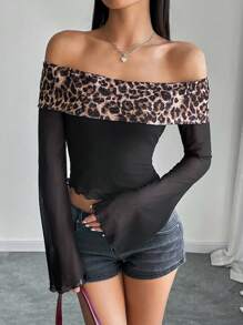 SHEIN EZwear Women's Leopard Print Contrast Mesh Off Shoulder Flare Sleeve Cropped Top - Multicolor - View 3