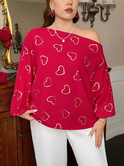 SHEIN Privé Plus Size Gold Red Foil Print Loose Fit Asymmetrical Neck Long Sleeve Shirt, Elegant For Commute, Casual, Travel, Valentine's Day