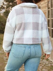 SHEIN LUNE Plus Size Women's Plaid Pattern Long Sleeve Single Breasted Fleece Leisure Jacket, Autumn/Winter