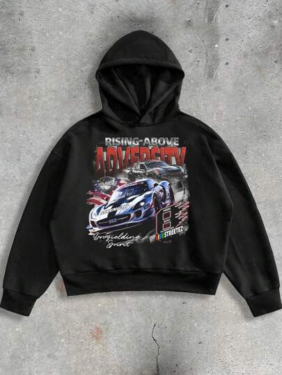 Manfinity VCAY Men's Casual Letter & Racing Car Ins Street Pattern Print Loose Cropped Hooded Sweater, Suitable As Outerwear Or Gift For Friends, Husband, Boyfriend, For Fall Winter