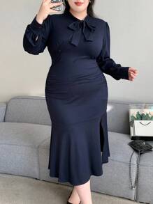 Dazy Plus Vestido elegante de talla grande, suelto, con cuello de corbata, de ajuste ceñido, con abertura lateral hasta la pantorrilla, vestido largo de manga larga para primavera/verano/otoño - Azul Marino - Ver 7
