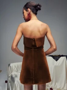 TypaGal Women's Elegant Brown Contrast Satin Fold Over Bandeau A Line Mini Dress,Cocktail Semi Formal Prom Dress For Wedding Guest Party Homecoming - Coffee Brown - View 2