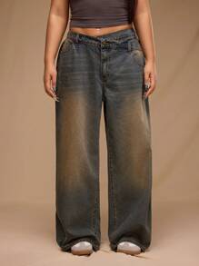 Forever 21 Plus Size Women's Asymmetric Waistband Pocket Wide Leg Loose Casual Jeans