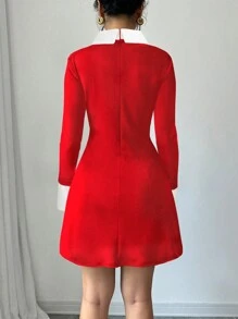 Elenzga 冬季女士撞色领长袖仿口袋优雅短款连衣裙