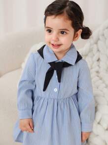 2pcs Set Baby Girls Casual Striped Dress With Detachable Shawl, Soft Fabric, Suitable For Outdoor, Vacation, Hiking - Blue - View 5