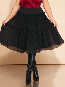 SHEIN BAE Plus Size Women's Black Pleated A-Line Skirt, Suitable For Date, Valentine's Day, Party, Fitted, Plain, Basic Women Clothes, Summer, Tight, Easter, Spring
