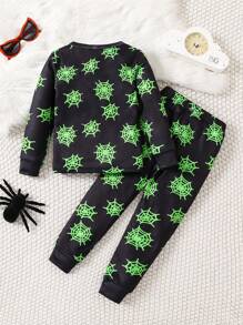 2 Peças Conjunto de Roupa Casual Brilha no Escuro para Menino Jovem, Top de Manga Longa e Calça Justa